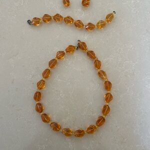Vintage Amber Glass Bead Necklace, Earrings and Bracelet Set - Golden Brown